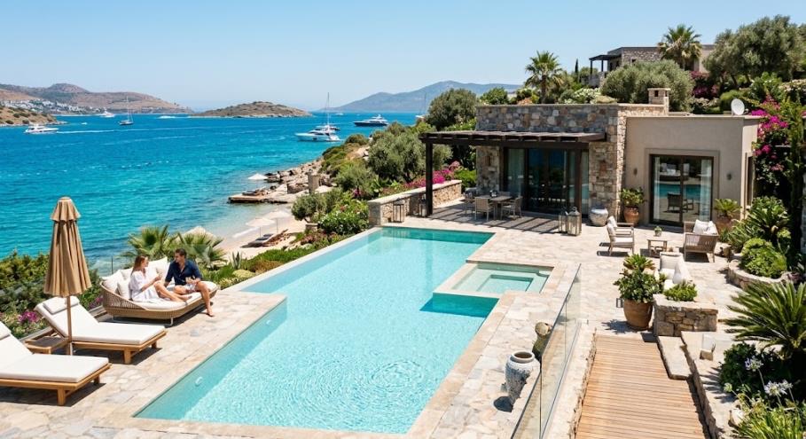 A villa terrace with an infinity pool and sun loungers above a turquoise bay