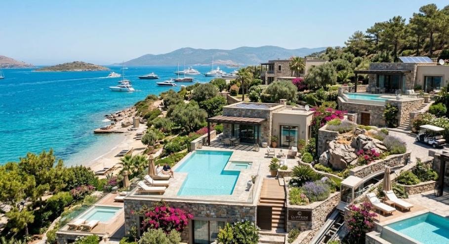 Stone villas with private pools stepping down a green hillside to the sea