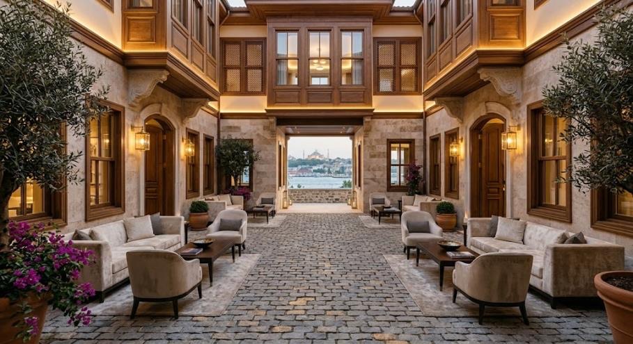 A cobbled courtyard between restored Ottoman timber houses, with sofas and olive trees