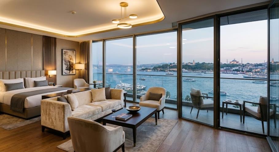 A hotel suite with floor-to-ceiling windows open onto a balcony over the Bosphorus